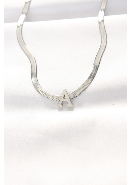 316L Çelik A Harfli Silver Renk Italyan Zincirli Kolye - EBJ240521W24300