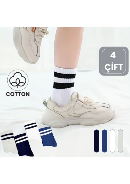 Kral Socks Kız - Erkek Düz Çizgili (4 Çift) Çorap Tenis Model Pamuklu Terletmez Öğrenci Okul Çorabı