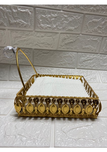 Taşlı Aynalı Premium Peçetelik Paslanmaz Çelik Lüks Peçete Kutusu Gold Işlemeli