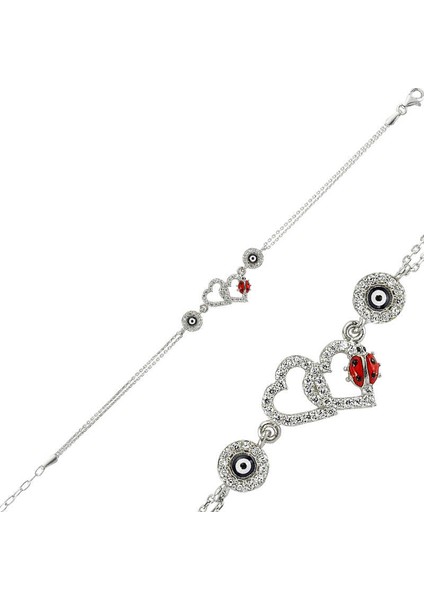 Gümüş Uğur Böcekli Kalp Nazar Bayan Bileklik