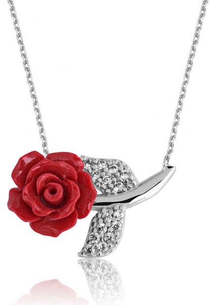 Gümüş Kırmızı Gül Bayan Kolye