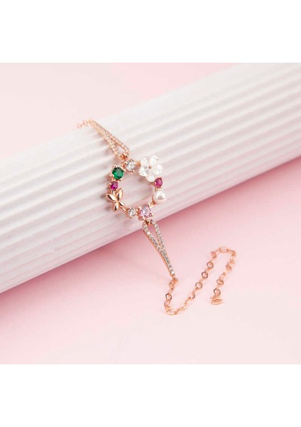 Gümüş Rose Renkli Manolya Çiçeği Kadın Bileklik