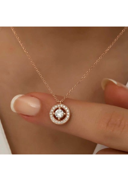 Gümüş Rose Minimal Yuvarlak Tektaş Bayan Kolye indirimleri