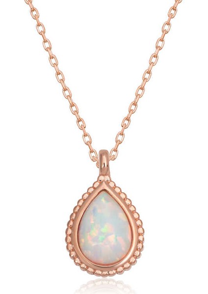 Gümüş Rose Damla Beyaz Opal Taşlı Kadın Kolye