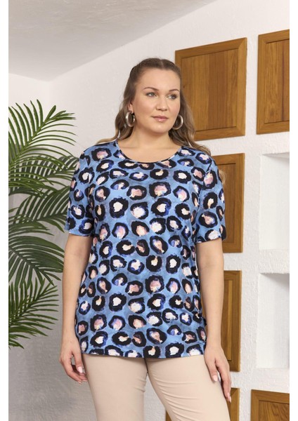 Hscstore Kadın Desenli Büyük Beden Indigo Tişört - O6480