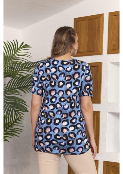 Hscstore Kadın Desenli Büyük Beden Indigo Tişört - O6480 fiyatları