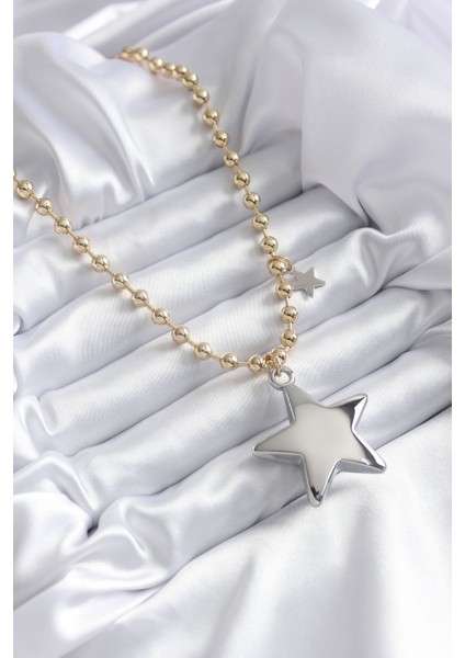 Pirinç Gold Renk Topçuk Zincir Gümüş 3D Yıldız Model Yıldız Detay Vip Kadın Kolye fiyatları