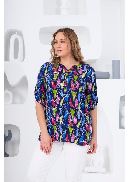 Hscstore Kadın Desenli Lacivert Büyük Beden Bluz- O6444