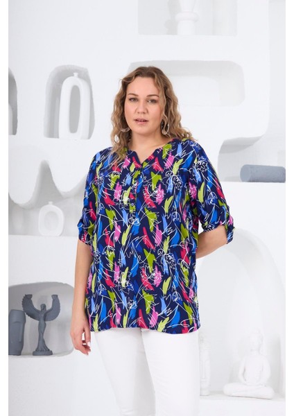 Hscstore Kadın Desenli Lacivert Büyük Beden Bluz- O6444 fiyatları
