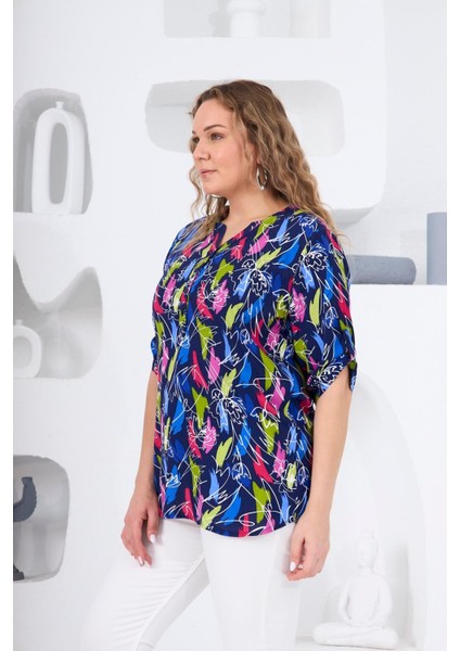 Hscstore Kadın Desenli Lacivert Büyük Beden Bluz- O6444 modelleri