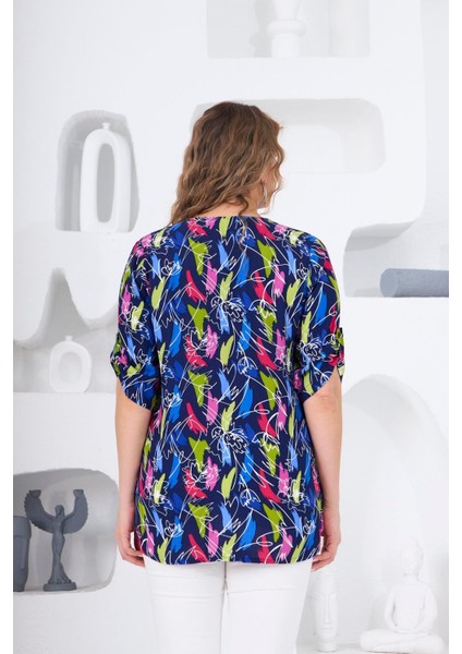Hscstore Kadın Desenli Lacivert Büyük Beden Bluz- O6444 indirimleri