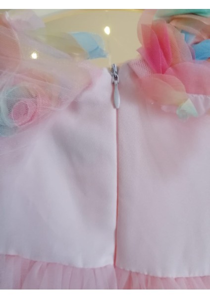 Renkli Gül Detaylı Kız Bebek Özel Gün Düğün Abiye Elbise