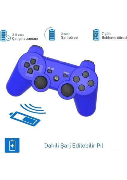 P3 Doubleshock Ps3 Playstation 3 Için Uyumlu Kablosuz Titreşimli Oyun Kolu Gamepad Joystick controller Mavi