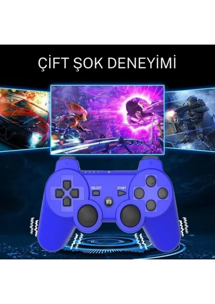 P3 Doubleshock Ps3 Playstation 3 Için Uyumlu Kablosuz Titreşimli Oyun Kolu Gamepad Joystick controller Mavi