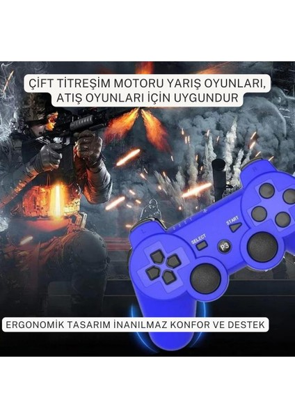 P3 Doubleshock Ps3 Playstation 3 Için Uyumlu Kablosuz Titreşimli Oyun Kolu Gamepad Joystick controller Mavi