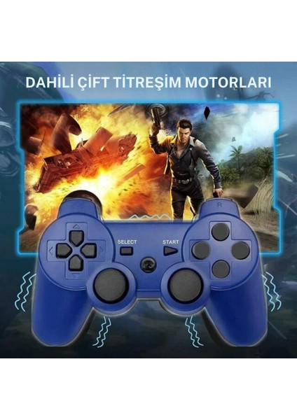 P3 Doubleshock Ps3 Playstation 3 Için Uyumlu Kablosuz Titreşimli Oyun Kolu Gamepad Joystick controller Mavi