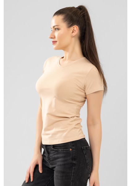 Kadın Pamuklu V Yaka Kısa Kol Düz Basic Tişört 6664 Ten Rengi fiyatları