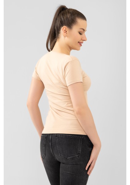 Kadın Pamuklu V Yaka Kısa Kol Düz Basic Tişört 6664 Ten Rengi modelleri