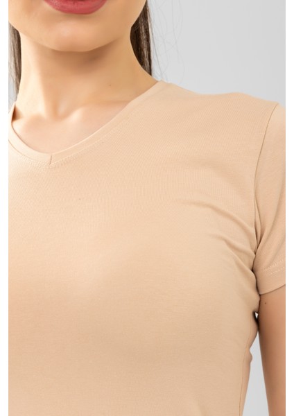 Kadın Pamuklu V Yaka Kısa Kol Düz Basic Tişört 6664 Ten Rengi indirimleri