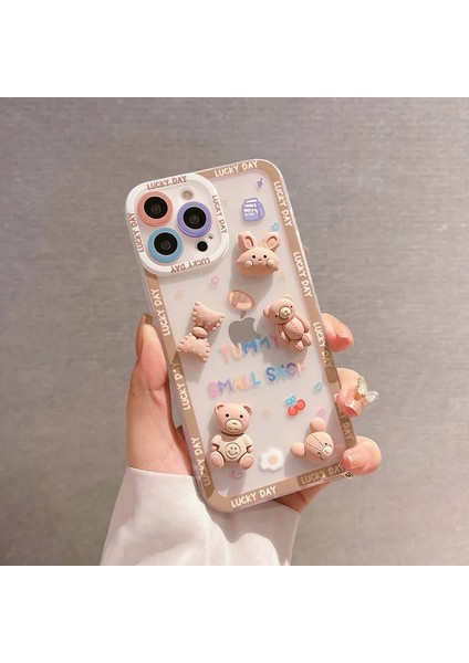 Apple iPhone 14 Pro Uyumlu Ayıcık ve Tavşan Figürlü Silikon Kılıf - Kahverengi (Bear And Rabbit)