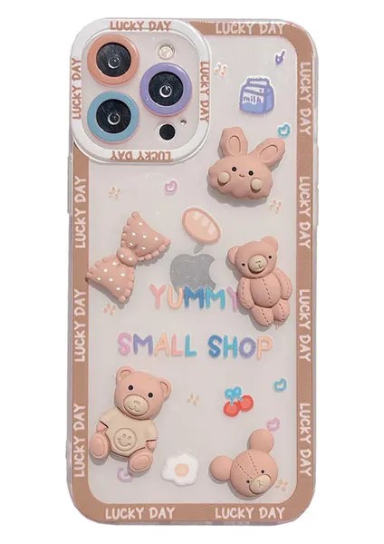 Apple iPhone 14 Pro Uyumlu Ayıcık ve Tavşan Figürlü Silikon Kılıf - Kahverengi (Bear And Rabbit) fiyatları