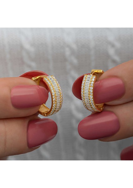 Gümüş Gold Baget Sıra Taşlı Halka Küpe fiyatları