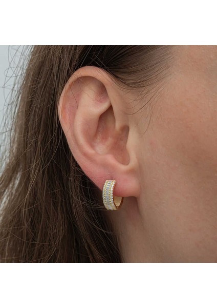 Gümüş Gold Baget Sıra Taşlı Halka Küpe indirimleri