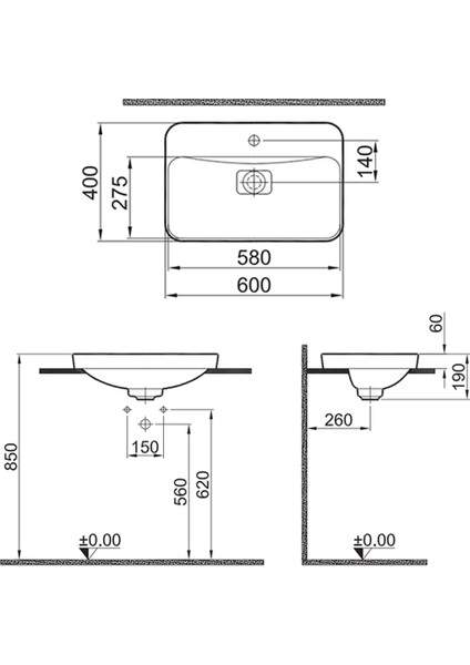Zero 2.0 60 x 40 cm Yarı Gömme Dikdörtgen Lavabo fiyatları