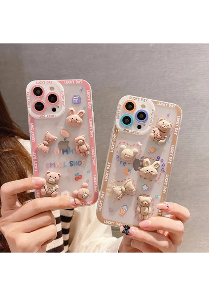 Apple iPhone 15 Pro Uyumlu Ayıcık ve Tavşan Figürlü Silikon Kılıf - Pembe (Bear And Rabbit) modelleri