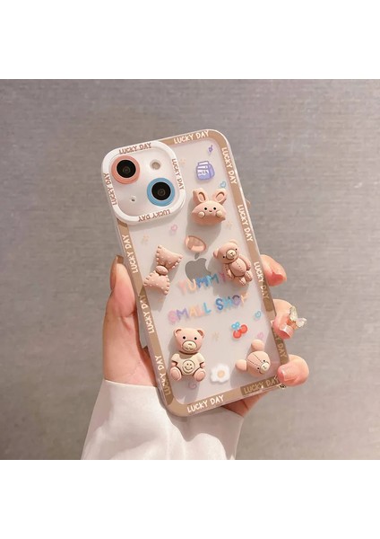 Apple iPhone 14 Uyumlu Ayıcık ve Tavşan Figürlü Silikon Kılıf - Kahverengi (Bear And Rabbit)