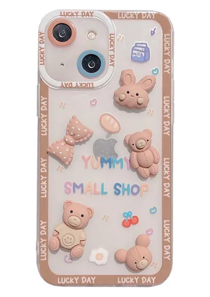 Apple iPhone 14 Uyumlu Ayıcık ve Tavşan Figürlü Silikon Kılıf - Kahverengi (Bear And Rabbit) fiyatları