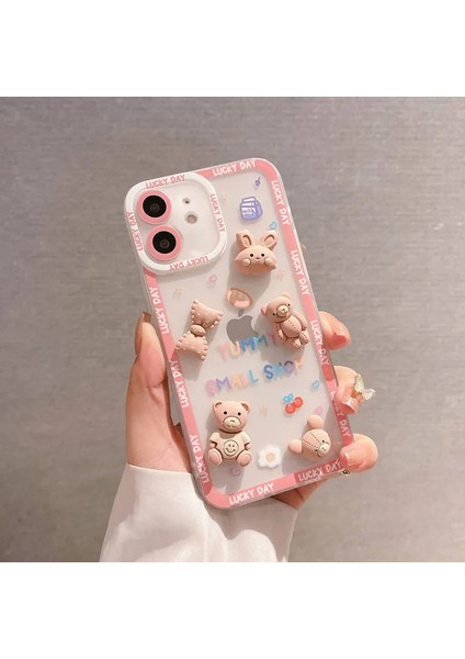 Apple iPhone 11 Uyumlu Ayıcık ve Tavşan Figürlü Silikon Kılıf - Pembe (Bear And Rabbit)