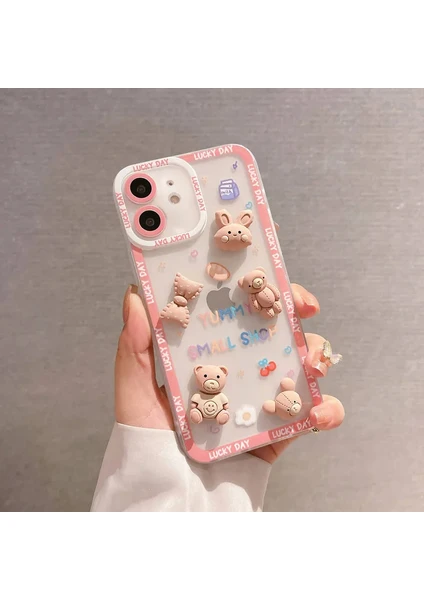 Mabs Tech Apple iPhone 11 Uyumlu Ayıcık ve Tavşan Figürlü Silikon Kılıf - Pembe (Bear And Rabbit)