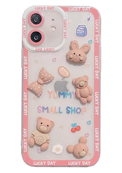 Apple iPhone 11 Uyumlu Ayıcık ve Tavşan Figürlü Silikon Kılıf - Pembe (Bear And Rabbit)