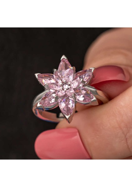 Gümüş Pembe Lotus Çiçeği Kadın Yüzük
