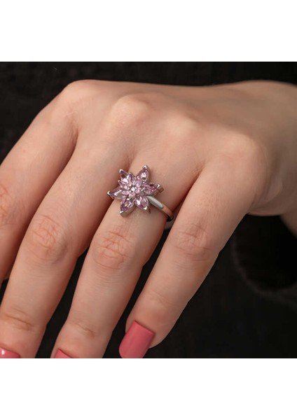 Gümüş Pembe Lotus Çiçeği Kadın Yüzük modelleri