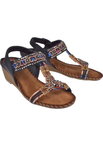 Dolgu Taban Taşlı Kadın Sandalet GJ-15130 Siyah indirimleri