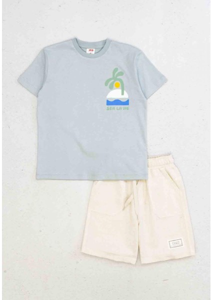 Mint Tshirtü Baskılı Keten Şortlu Takım