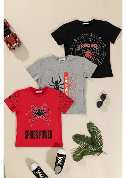 3'lü Spider Baskılı Siyah Kırmızı Gri Tshirt