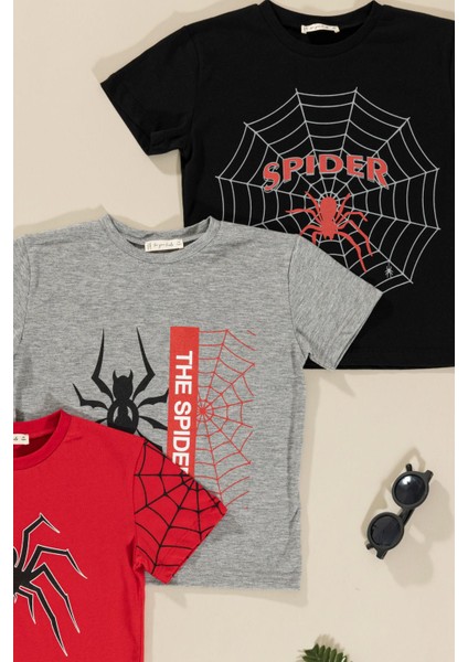 3'lü Spider Baskılı Siyah Kırmızı Gri Tshirt fiyatları