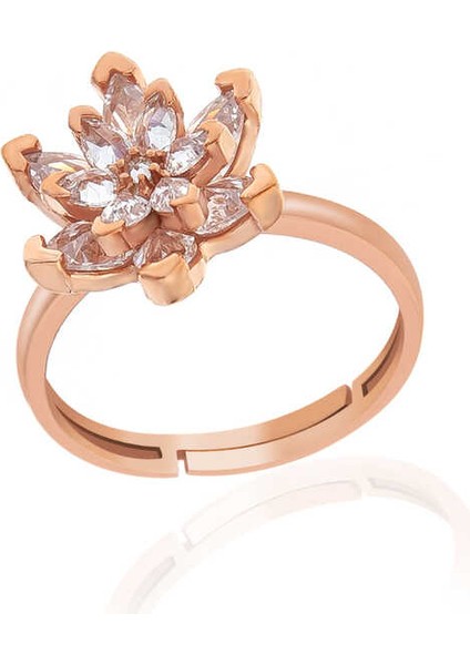 Gümüş Rose Beyaz Taşlı Lotus Çiçeği Kadın Yüzük
