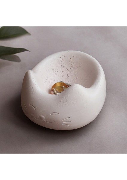 Beton Kedi Dekoratif Takı ve Aksesuar Kasesi - Kardelen Beyaz