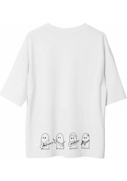 Smg Butik Unisex Bisiklet Yaka Baskılı Oversize T-Shirt - Beyaz