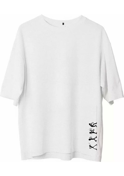 Unisex Bisiklet Yaka Baskılı Oversize T-Shirt - Beyaz