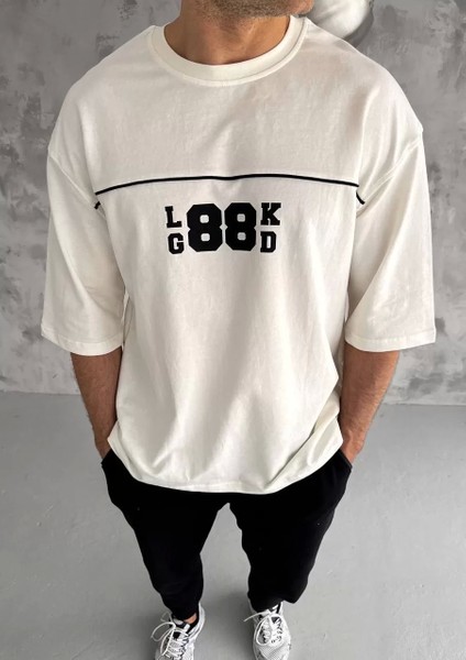 Smg Butik Unisex Bisiklet Yaka Baskılı Oversize T-Shirt - Beyaz