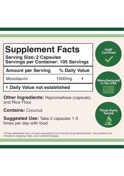 Monolaurin Immune Support Supplement 1 000mg Per Serving 210 Capsules (Vegan Safe Non-Gmo Gluten Free Manufactured In The Usa) Immune Booster For Adults Immune System Defens