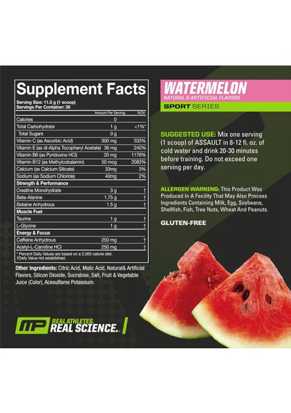Muscle Pharm MusclePharm Assault Sport 30 Servings - Pre-Workout With Caffeine Acetyl-L-Carnitine Taurine L-Glycine Creatine Monohydrate Beta-Alanine & Betaine Anhydrous fiyatları