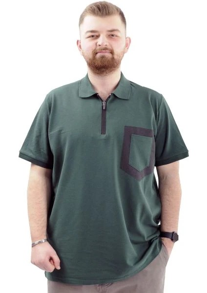 Büyük Beden Erkek T-Shirt Fermuarlı Polo Yaka Cepli U24325 Nefti