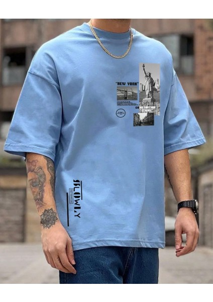 Büyük Beden Özel Tasarım Özgürülük Anıtı New York Baskılı Pamuk Battal Erkek T-Shırt