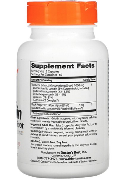 Dr Best Doctor's Best High Absorption Curcumin From Turmeric Root 500 Mg 120 Capsul Usa Version fiyatları